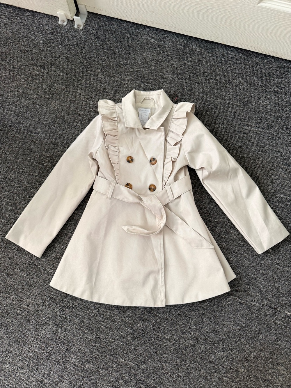 Tahari Girls' Cream Double-Breasted Ruffle Pea Coat